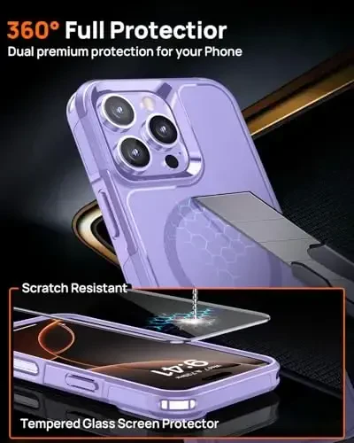 Lanhiem for 16 Pro Max Case Purple Magnetic, 2 Tempered Glass Screen Protector MagSafe bilan mos keladigan harbiy sinfdagi zarbaga chidamli og‘ir vazifali g‘ilof, 6,9