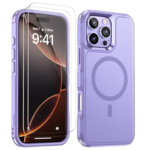 Lanhiem for 16 Pro Max Case Purple Magnetic, 2 Tempered Glass Screen Protector MagSafe bilan mos keladigan harbiy sinfdagi zarbaga chidamli og‘ir vazifali g‘ilof, 6,9