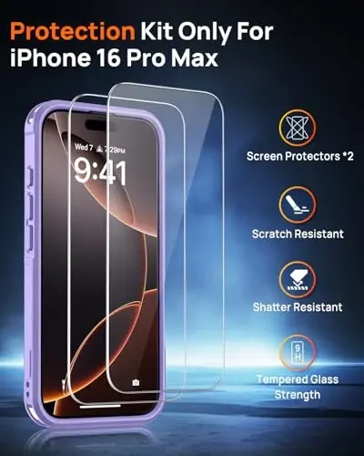 Lanhiem for 16 Pro Max Case Purple Magnetic, 2 Tempered Glass Screen Protector MagSafe bilan mos keladigan harbiy sinfdagi zarbaga chidamli og‘ir vazifali g‘ilof, 6,9