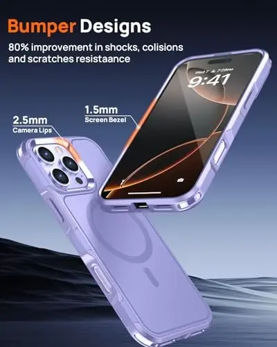 Lanhiem for 16 Pro Max Case Purple Magnetic, 2 Tempered Glass Screen Protector MagSafe bilan mos keladigan harbiy sinfdagi zarbaga chidamli og‘ir vazifali g‘ilof, 6,9