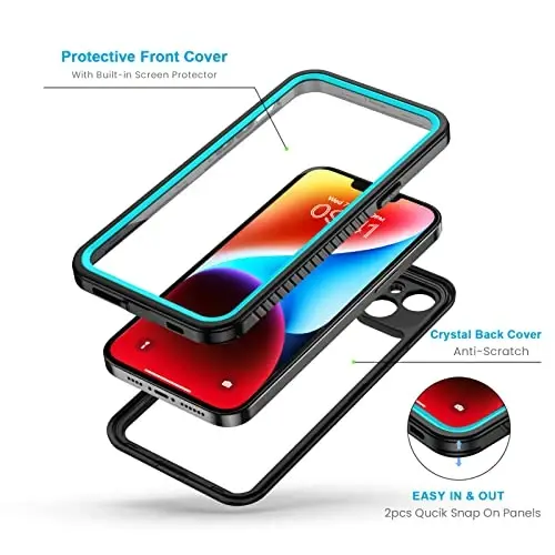 Lanhiem for iPhone 14 Plus Case, IP68 Suv o'tkazmaydigan Chang o'tkazmaydigan Zarba o'tkazmaydigan O'rnatilgan Ekran himoyachisi bilan, iPhone 14 Plus uchun to'liq korpus himoya qopqog'i - 6,7 dyuym (Moviy) - 3