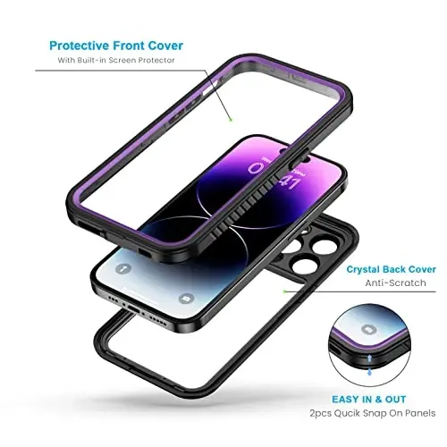 Lanhiem for iPhone 14 Pro Case, IP68 Waterproof Dustproof Shockproof with Built-in Screen Protector, 6.1 inch - Purple - 3