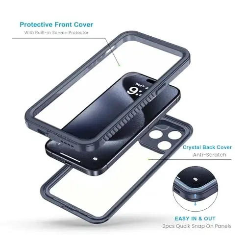 Lanhiem for iPhone 15 Pro Case, IP68 Waterproof Dustproof Shockproof Case with Built-in Screen Protector, Full Body Protective Heavy Duty Phone Cover for iPhone 15 Pro - 6.1 inch (Dark Blue) - 3
