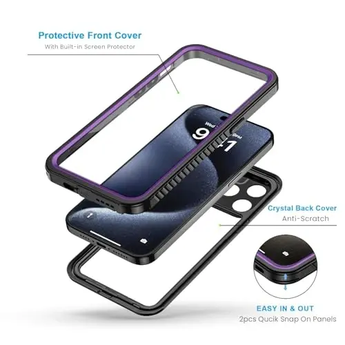 Lanhiem for iPhone 15 Pro Case, IP68 Waterproof Dustproof Shockproof Cases with Built-in Screen Protector, Full Body Sealed Protective Front and Back Cover for iPhone 15 Pro - 6.1 inch (Purple) - 3