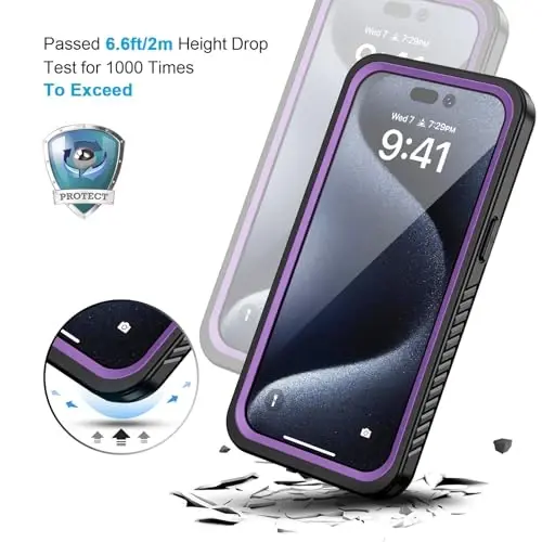 Lanhiem for iPhone 15 Pro Case, IP68 Waterproof Dustproof Shockproof Cases with Built-in Screen Protector, Full Body Sealed Protective Front and Back Cover for iPhone 15 Pro - 6.1 inch (Purple) - 5