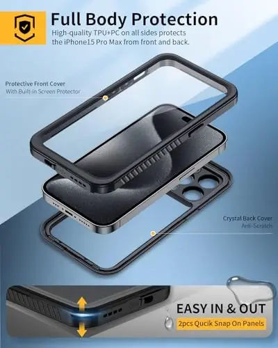 Lanhiem for iPhone 15 Pro Max Waterproof Case, Dustproof Case Built-in Screen Protector & Camera Protection, Full Body Heavy Duty Rugged Clear Phone Cover for 15 Pro Max (Black) - 3