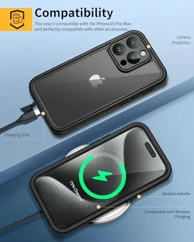Lanhiem for iPhone 15 Pro Max Waterproof Case, Dustproof Case Built-in Screen Protector & Camera Protection, Full Body Heavy Duty Rugged Clear Phone Cover for 15 Pro Max (Black) - 6