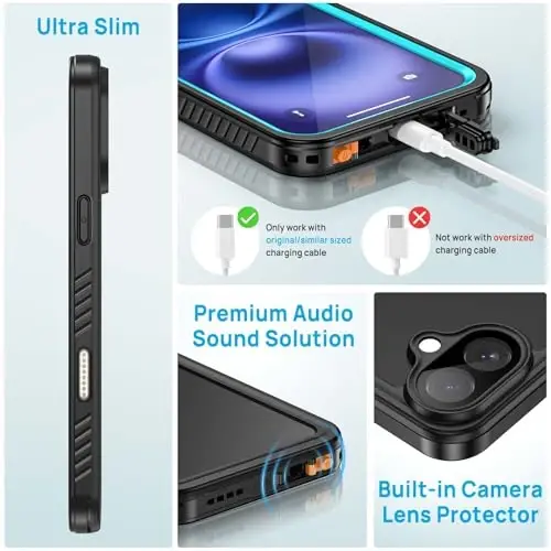 Lanhiem for iPhone 16 Case, IP68 Waterproof Dustproof Shockproof Cases with Built-in Screen Protector, 360 Full Body Protective Heavy Duty Rugged Phone Cover for iPhone 16-6.1 inch (Blue) - 5