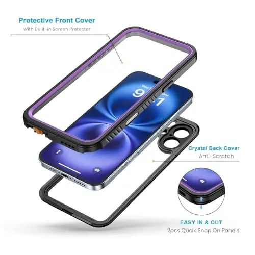 Lanhiem for iPhone 16 Case, IP68 Waterproof Dustproof Shockproof Cases with Built-in Screen Protector, 360 Full Body Protective Heavy Duty Rugged Phone Cover for iPhone 16-6.1 inch (Purple) - 3