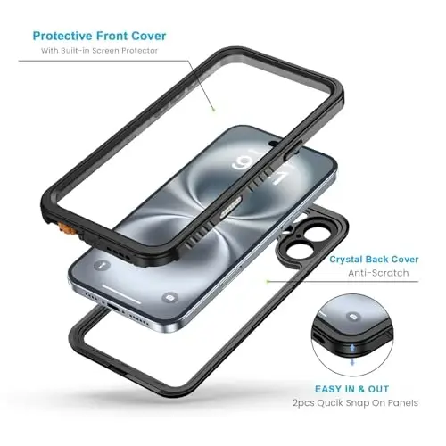 Lanhiem for iPhone 16 Plus Case, IP68 Waterproof Dustproof Shockproof Cases with Built-in Screen Protector, 360 Full Body Heavy Duty Rugged Phone Cover for iPhone 16 Plus - 6.7 inch (Black/Clear) - 3