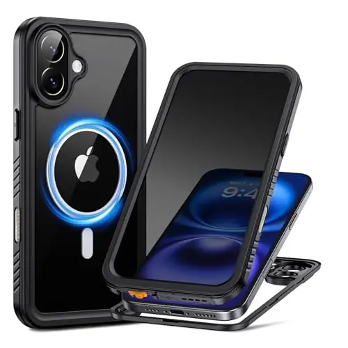 Lanhiem for iPhone 16 Privacy Case, IP68 Waterproof Dustproof Cover, [Compatible with MagSafe] [Built in Anti-Spy Screen Protector] Heavy Duty Full Body Rugged Magnetic Phone Case (Black/Clear) - LANHIEM