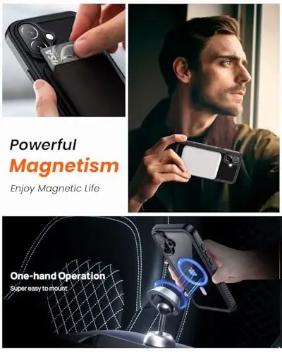 Lanhiem for iPhone 16 Privacy Case, IP68 Waterproof Dustproof Cover, [Compatible with MagSafe] [Built in Anti-Spy Screen Protector] Heavy Duty Full Body Rugged Magnetic Phone Case (Black/Clear) - 5
