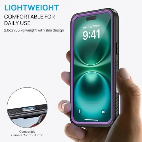 Lanhiem for iPhone 16 Pro Case, IP68 Waterproof Dustproof Shockproof Cases with Built-in Screen Protector, Full Body Protective Heavy Duty Rugged Phone Cover for iPhone 16 Pro - 6.3 inch (Purple) - 4