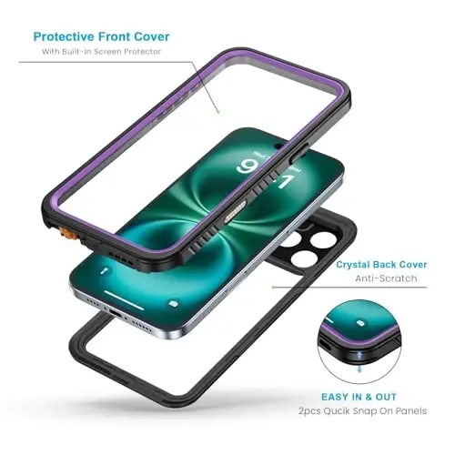 Lanhiem for iPhone 16 Pro Case, IP68 Waterproof Dustproof Shockproof Cases with Built-in Screen Protector, Full Body Protective Heavy Duty Rugged Phone Cover for iPhone 16 Pro - 6.3 inch (Purple) - 3