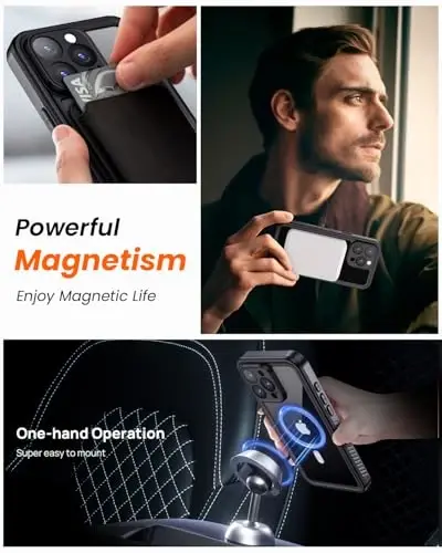Lanhiem for iPhone 16 Pro Privacy Case, IP68 Waterproof Dustproof, [Compatible with MagSafe] [Built in Anti-Spy Screen Protector] Heavy Duty Full Body Rugged Magnetic Phone Case (Black/Clear) - 4