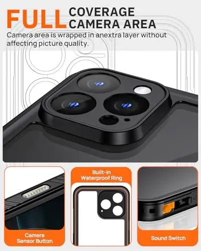 Lanhiem for iPhone 16 Pro Privacy Case, IP68 Waterproof Dustproof, [Compatible with MagSafe] [Built in Anti-Spy Screen Protector] Heavy Duty Full Body Rugged Magnetic Phone Case (Black/Clear) - 5