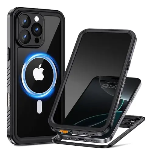 Lanhiem for iPhone 16 Pro Privacy Case, IP68 Waterproof Dustproof, [Compatible with MagSafe] [Built in Anti-Spy Screen Protector] Heavy Duty Full Body Rugged Magnetic Phone Case (Black/Clear) 