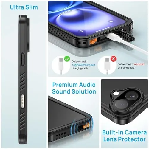 Lanhiem for iPhone 16 Waterproof Case, Dustproof Case Built-in Screen Protector, Camera Protection, Full Body Heavy Duty Rugged Phone Cover for 16-6.1 inch (Black/Clear) - 5