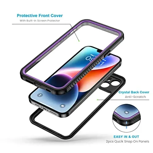 Lanhiem for iPhone 14 Case, IP68 Waterproof Dustproof Shockproof 14 Case with Built-in Screen Protector, Full Body Sealed Protective Front and Back Cover for iPhone 14, 6.1 inch (Purple) - 3