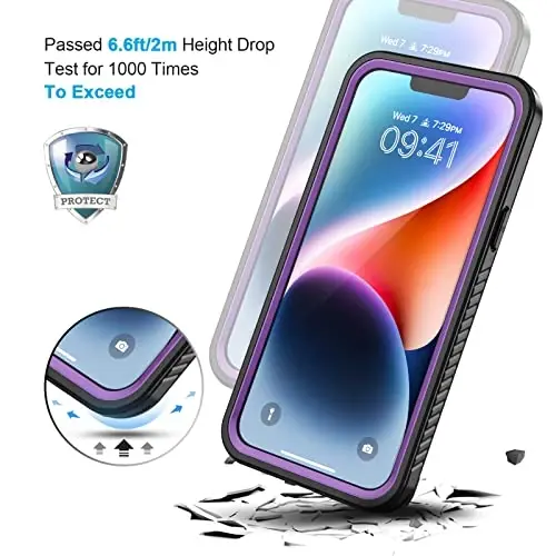 Lanhiem for iPhone 14 Case, IP68 Waterproof Dustproof Shockproof 14 Case with Built-in Screen Protector, Full Body Sealed Protective Front and Back Cover for iPhone 14, 6.1 inch (Purple) - 5