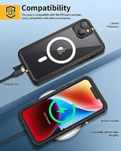 Lanhiem iPhone 14 magnitli g‘ilofi, suv o‘tkazmaydigan chang o‘tkazmaydigan zarbga chidamli g‘ilof, o‘rnatilgan ekran himoyachisi Magsafe bilan mos, iPhone 14 6.1 dyuym uchun to‘liq himoya qopqog‘i - qora - 6