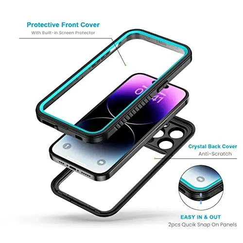 Lanhiem iPhone 14 Pro Kılıfı için, IP68 Su Geçirmez Toz Geçirmez Darbeye Dayanıklı 14 Pro Kılıfı Dahili Ekran Koruyuculu, iPhone 14 Pro için Tam Gövde Korumalı Ön ve Arka Kapak, 6.1 inç (Mavi) - 3