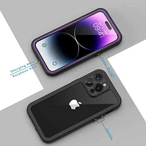 Lanhiem iPhone 14 Pro Kılıfı, IP68 Su Geçirmez Toz Geçirmez Darbeye Dayanıklı Dahili Ekran Koruyuculu, 6,1 inç - Mor - 6