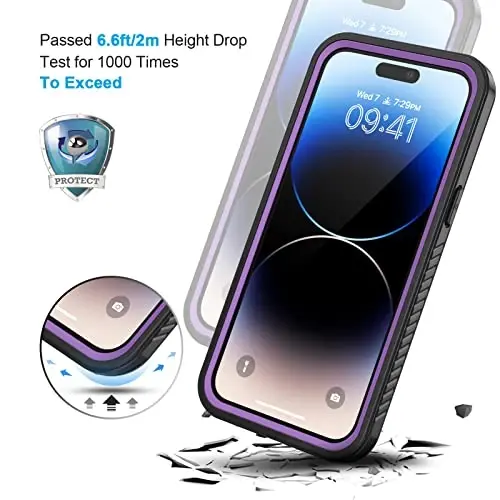 Lanhiem iPhone 14 Pro Max uchun g'ilof, IP68 suv o'tkazmaydigan chang o'tkazmaydigan zarbga chidamli 14 Pro Max g'ilofi ekran himoyachisi bilan, iPhone 14 Pro Max uchun to'liq himoya old va orqa qopqoq, 6,7 dyuym (Binafsha) - 5