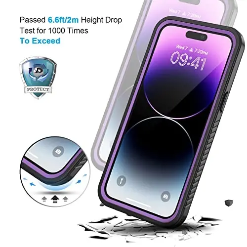 Lanhiem iPhone 14 Pro uchun g‘ilof, IP68 suv o‘tkazmaydigan chang va zarbga chidamli, o‘rnatilgan ekran himoyachisi, 6,1 dyuym - binafsha - 5