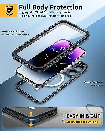 Lanhiem iPhone 14 Pro uchun magnitli g'ilof, suv o'tkazmaydigan chang o'tkazmaydigan zarbga chidamli g'ilof, o'rnatilgan ekran himoyachisi Magsafe bilan mos, iPhone 14 Pro 6.1 dyuym uchun to'liq korpus himoya qopqog'i - Qora - 4
