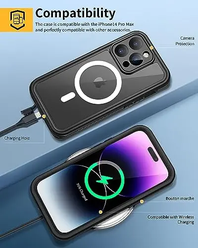 Lanhiem iPhone 14 Pro uchun magnitli g'ilof, suv o'tkazmaydigan chang o'tkazmaydigan zarbga chidamli g'ilof, o'rnatilgan ekran himoyachisi Magsafe bilan mos, iPhone 14 Pro 6.1 dyuym uchun to'liq korpus himoya qopqog'i - Qora - 6