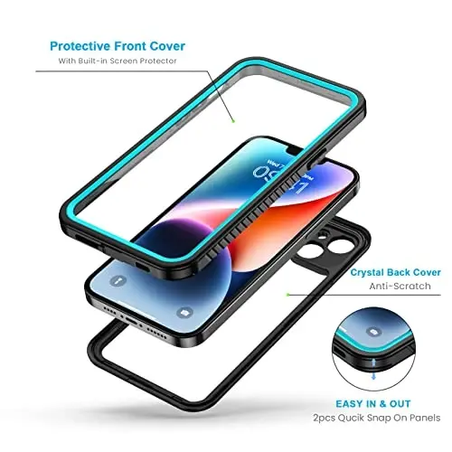 Lanhiem iPhone 14 uchun g'ilofi, IP68 suv o'tkazmaydigan chang o'tkazmaydigan zarbga chidamli 14 ta g'ilof, o'rnatilgan ekran himoyachisi bilan, iPhone 14 uchun to'liq korpusli muhrlangan himoya old va orqa qopqog'i, 6,1 dyuym (ko'k) - 3