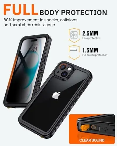 Lanhiem iPhone 15 Gizlilik Kılıfı, Gizlilik Ekran Koruyuculu iPhone 15 için Su Geçirmez Toz Geçirmez Darbeye Dayanıklı Kılıflar, iPhone 15-6.1 inç için Tam Gövde Ağır Hizmet Koruyucu Kapak (Siyah) - LANHIEM
