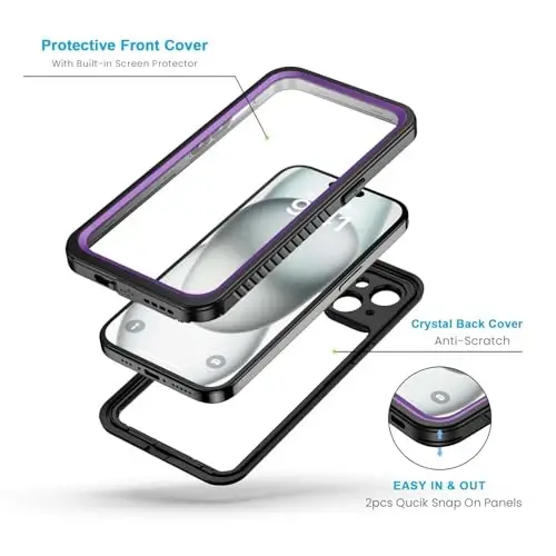 Lanhiem for iPhone 15 Plus Case, IP68 Waterproof Dustproof Shockproof Cases with Built-in Screen Protector, 360 Full Body Protective Front and Back Cover for iPhone 15 Plus - 6.7 inch (Purple) - 3