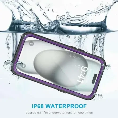 Lanhiem iPhone 15 Plus uchun g'ilof, IP68 suv o'tkazmaydigan chang o'tkazmaydigan zarbga chidamli g'iloflar o'rnatilgan ekran himoyachisi bilan, iPhone 15 Plus uchun 360 to'liq himoya old va orqa qopqoq - 6,7 dyuym (binafsha) - 2