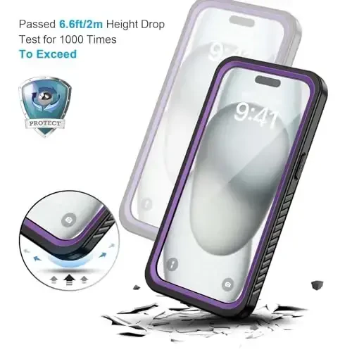 Lanhiem iPhone 15 Plus uchun g'ilof, IP68 suv o'tkazmaydigan chang o'tkazmaydigan zarbga chidamli g'iloflar o'rnatilgan ekran himoyachisi bilan, iPhone 15 Plus uchun 360 to'liq himoya old va orqa qopqoq - 6,7 dyuym (binafsha) - 5