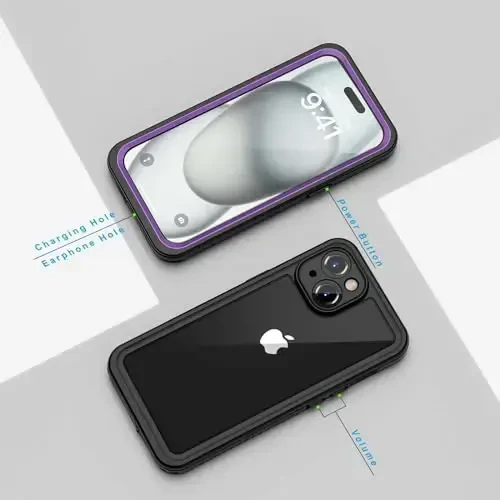 Lanhiem iPhone 15 Plus uchun g'ilof, IP68 suv o'tkazmaydigan chang o'tkazmaydigan zarbga chidamli g'iloflar o'rnatilgan ekran himoyachisi bilan, iPhone 15 Plus uchun 360 to'liq himoya old va orqa qopqoq - 6,7 dyuym (binafsha) - 6