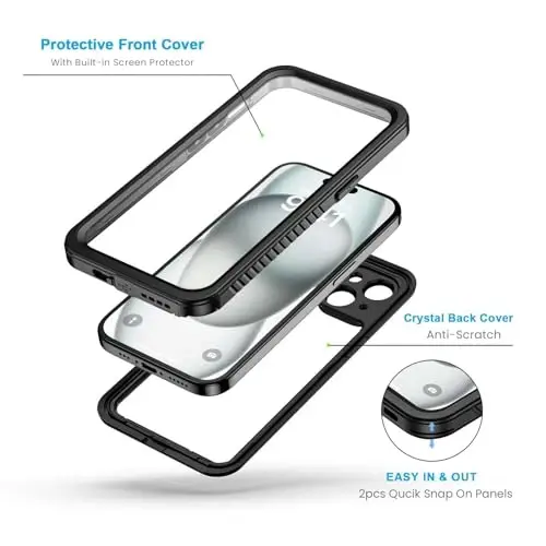 Lanhiem iPhone 15 Plus uchun g'ilof, IP68 suv o'tkazmaydigan chang o'tkazmaydigan zarbga chidamli g'iloflar, o'rnatilgan ekran himoyachisi bilan, iPhone 15 Plus uchun 360 to'liq himoya telefon g'ilofi - 6,7 dyuym (qora) - 3