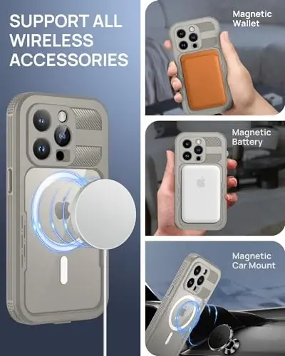 Lanhiem Magnetic for iPhone 15 Pro Case, IP68 Waterproof Dustproof Case, [Compatible with Magsafe] [Built-in Screen Protector] Full Body Heavy Duty Rugged Phone Cover 6.1 inch, Natural - 5