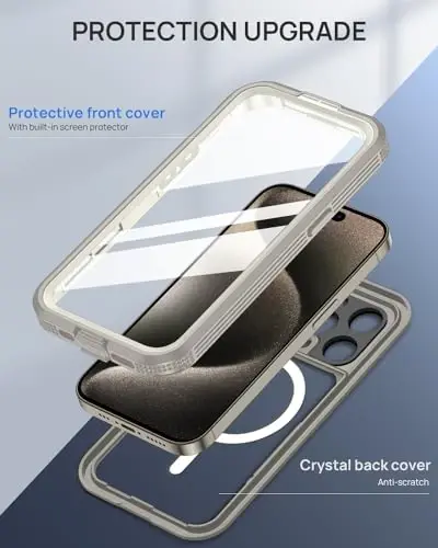 Lanhiem Magnetic for iPhone 15 Pro Case, IP68 Waterproof Dustproof Case, [Compatible with Magsafe] [Built-in Screen Protector] Full Body Heavy Duty Rugged Phone Cover 6.1 inch, Natural - 6
