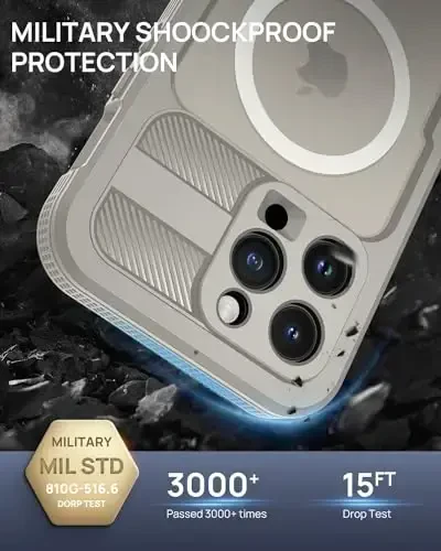 Lanhiem Magnetic for iPhone 15 Pro Case, IP68 Waterproof Dustproof Case, [Compatible with Magsafe] [Built-in Screen Protector] Full Body Heavy Duty Rugged Phone Cover 6.1 inch, Natural - 4