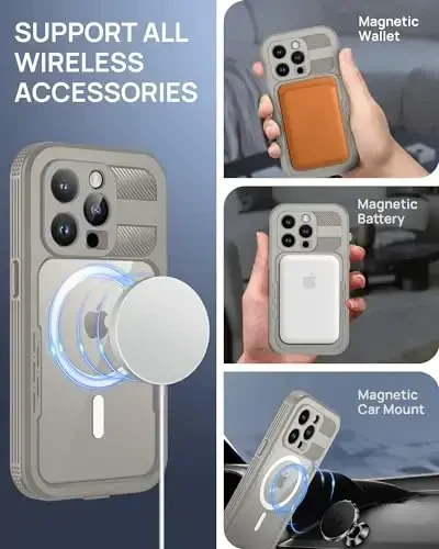 Lanhiem Magnetic for iPhone 15 Pro Case, IP68 Waterproof Dustproof Case, [Compatible with Magsafe] [Built-in Screen Protector] Full Body Heavy Duty Rugged Phone Cover 6.1 inch, Natural - 5