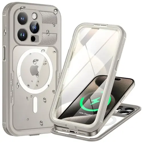 Lanhiem Magnetic for iPhone 15 Pro Case, IP68 Waterproof Dustproof Case, [Compatible with Magsafe] [Built-in Screen Protector] Full Body Heavy Duty Rugged Phone Cover 6.1 inch, Natural - LANHIEM