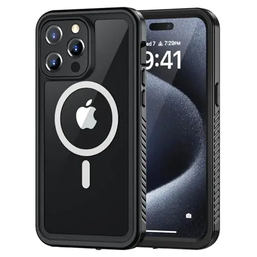 Lanhiem Magnetic for iPhone 15 Pro Case, Waterproof Dustproof Cover [Built in Screen Protector] [Compatible with MagSafe], Full Body Heavy Duty Phone Case for iPhone 15 Pro - 6.1” (Black) - 1