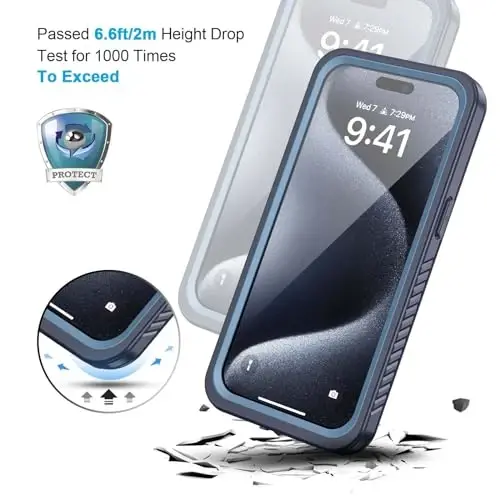 Lanhiem for 15 Pro Case, IP68 Waterproof Dustproof Shockproof Case with Built-in Screen Protector, Full Body Protective Heavy Duty Phone Cover for 15 Pro - 6.1 inch (Dark Blue) - 5