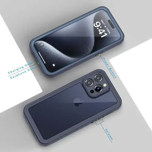 Lanhiem for 15 Pro Case, IP68 Waterproof Dustproof Shockproof Case with Built-in Screen Protector, Full Body Protective Heavy Duty Phone Cover for 15 Pro - 6.1 inch (Dark Blue) - 6