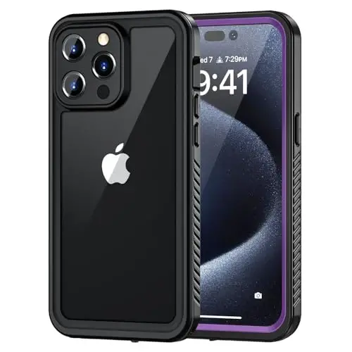Lanhiem for iPhone 15 Pro Case, IP68 Waterproof Dustproof Shockproof Cases with Built-in Screen Protector, Full Body Sealed Protective Front and Back Cover for iPhone 15 Pro - 6.1 inch (Purple) - 1
