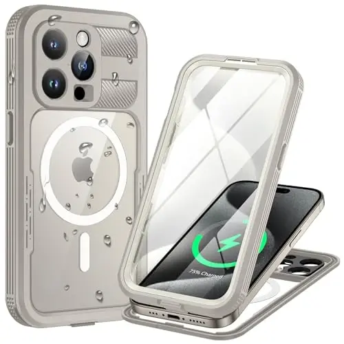 Lanhiem Magnetic for iPhone 15 Pro Max Case, IP68 Waterproof Dustproof Case, [Compatible with Magsafe] [Built-in Screen Protector] Full Body Heavy Duty Rugged Phone Cover 6.7 inch, Natural 