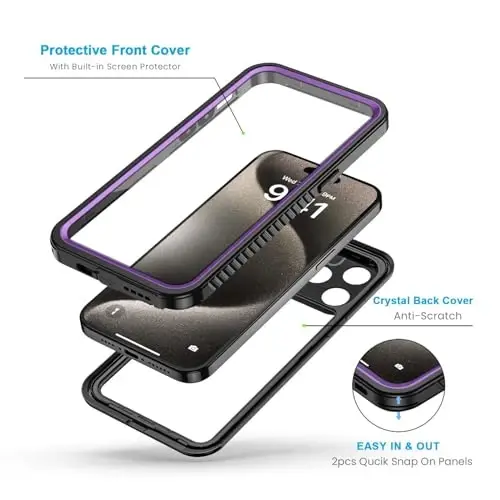 Lanhiem for iPhone 15 Pro Max Case, IP68 Waterproof Dustproof Shockproof Cases with Built-in Screen Protector, 360 Full Body Heavy Duty Rugged Phone Cover for iPhone 15 Pro Max - 6.7 inch (Purple) - 3
