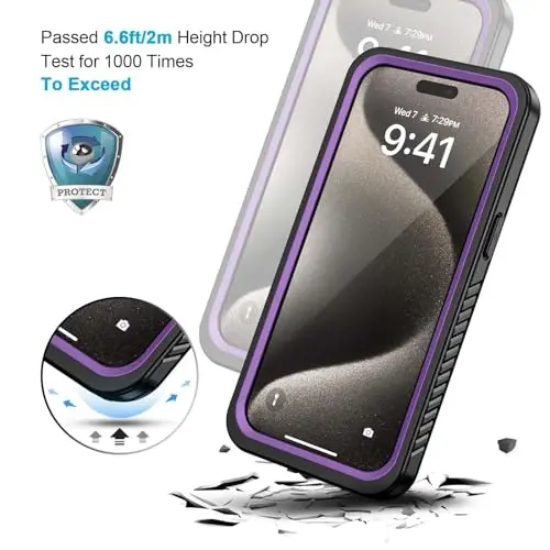 Lanhiem for iPhone 15 Pro Max Case, IP68 Waterproof Dustproof Shockproof Cases with Built-in Screen Protector, 360 Full Body Heavy Duty Rugged Phone Cover for iPhone 15 Pro Max - 6.7 inch (Purple) - 5